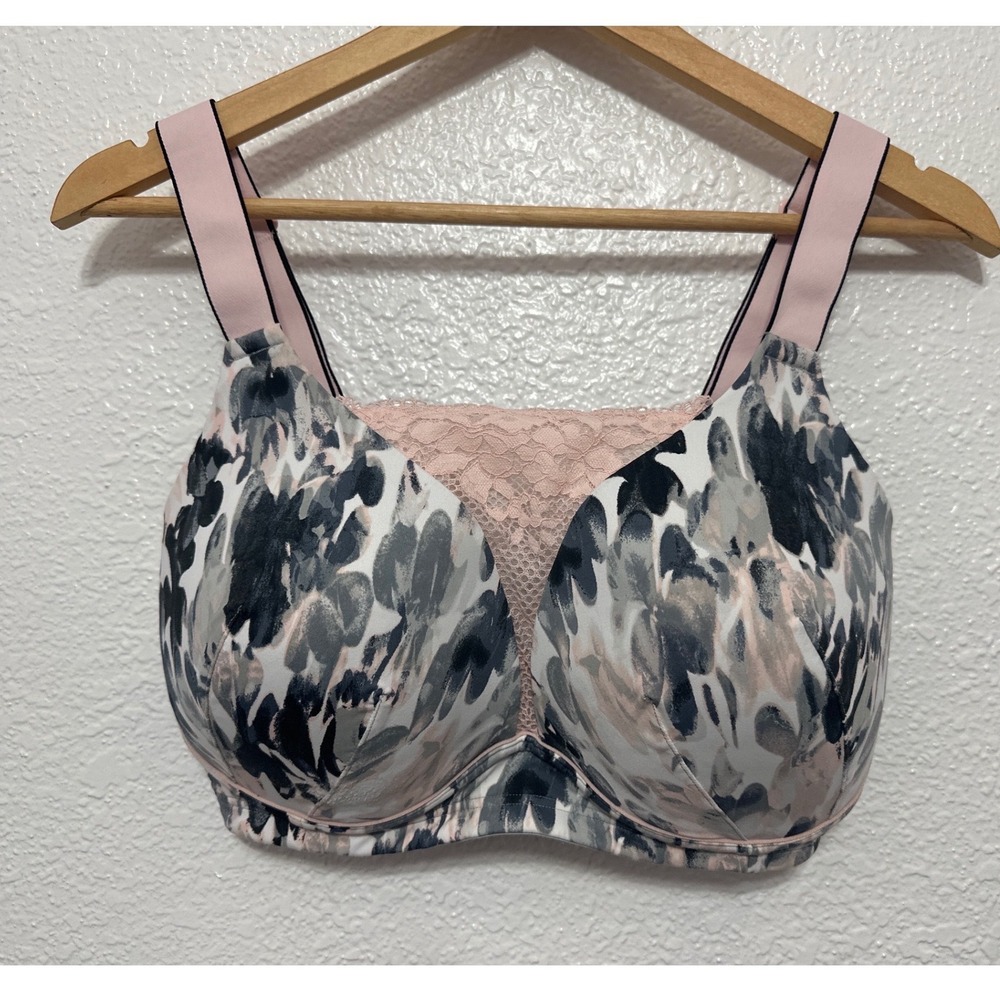 Cacique Sport High Impact Wireless Bra 34G Grey Pink Abstract Floral Lace Trim